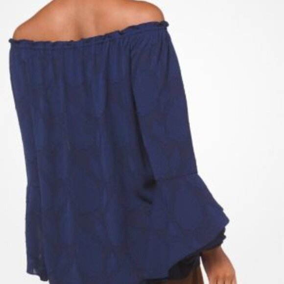MICHAEL Michael Kors Navy Blue Leaf Jacquard Off-The-Shoulder Blouse (Size L) - Picture 4 of 16